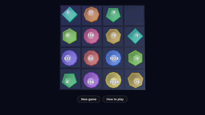 A Gems 2048 board: numbered gems, from a teal 2 to a gold 2048, on a dark 4×4 grid