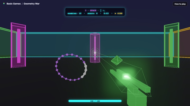 Geometry War in play: a dotted neon ring and a green diamond coming across a dark arena between neon-framed walls and pillars, a green gun firing a beam