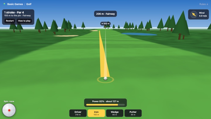 A golf hole in 3D seen from behind the ball: an aim arrow along a striped fairway, past bunkers and a pond, to the flag