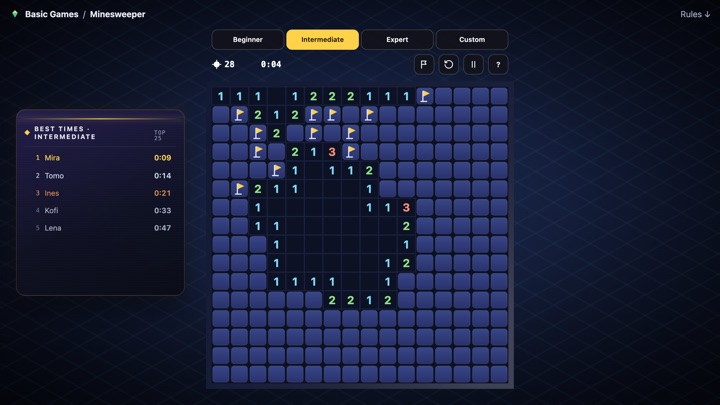 A Minesweeper field mid-game: open squares with coloured numbers, raised hidden squares, and gold flags marking mines