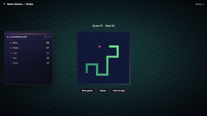 A Snake game in play: a long green snake winding across a dark checkered board towards a red piece of food