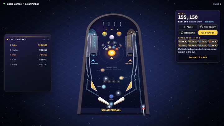 Solar Pinball in play: a 3D pinball table on a starry playfield, the Sun glowing in the middle, planet targets round it, two lit ramps and white flippers at the bottom