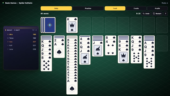 A game of Spider solitaire in play on a green table: ten columns of spades, the stock at the top left and a finished run from king to ace beside it