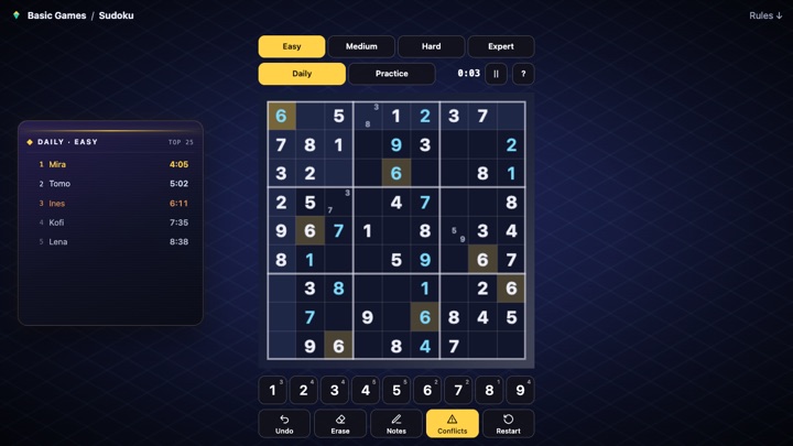 A Sudoku grid mid-game: printed digits in white, the player's in blue, pencil marks in empty cells, and the selected cell's row, column and box lit up